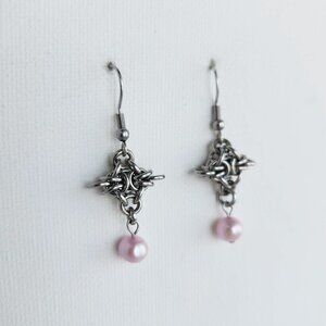 Long silver star earrings with pink pearls